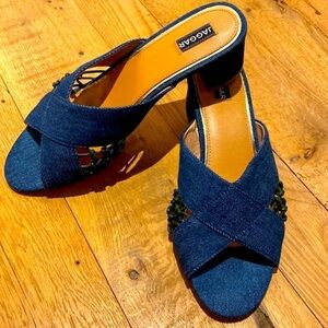 Jaggar Denim Block Heel Mule Slides w Evergreen Lattice Work Size 39 US
